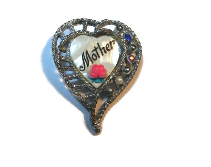 FREE SHIPPING Heart brooch, Mother of Pearl with Mother in enamel and pink rose, embellished with rhinestones and a seed pearl