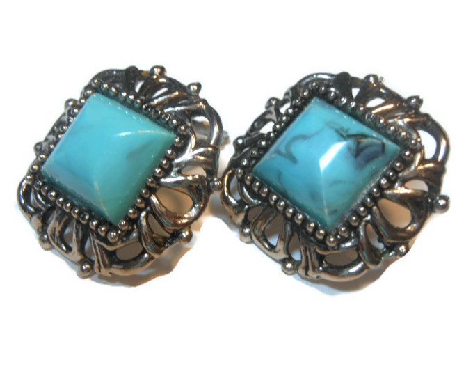 FREE SHIPPING Chunky marbled faux turquoise Thermoset Earrings Victorian Revival