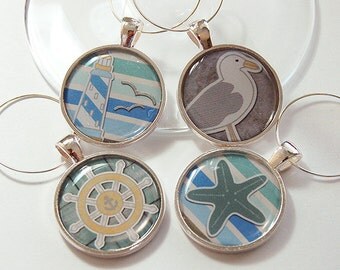 Wine Glass Charms, Nautical Wine Charms, Wine Charms, table setting, Beach, Nautical, Lighthouse, Seagull, blue, green (4202)