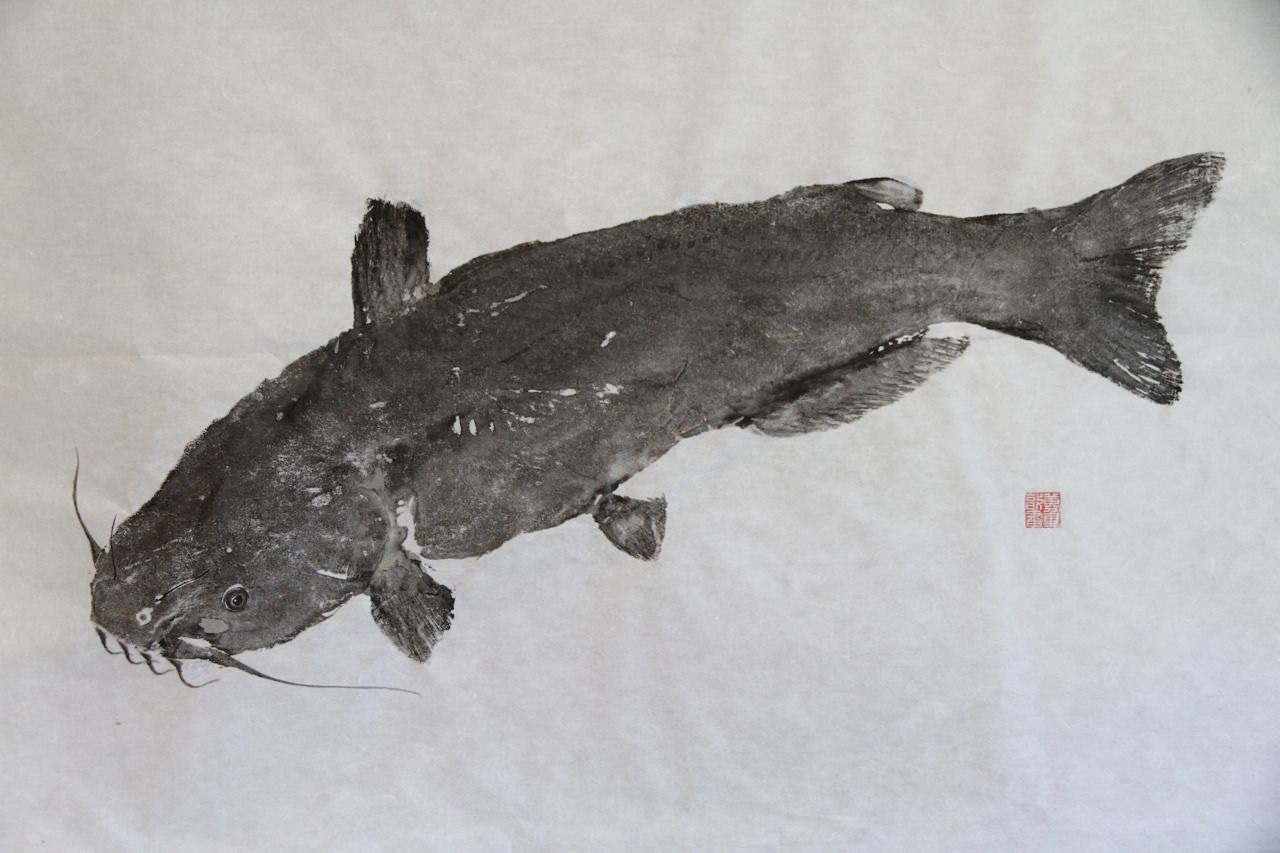 Catfish Namazu Original Gyotaku Traditional By Fishingforgyotaku