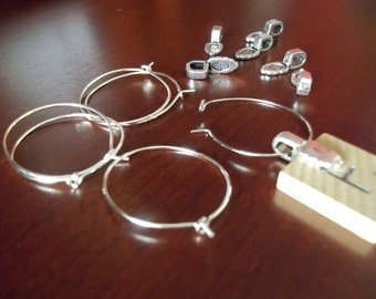 DIY 50 Wine Charms Findings Set - 50 small silvertone leaf Glue On Bails plus 50 silver color wine charm rings