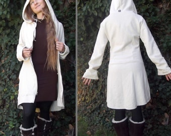 Crescent Moon Coat: Long Zipper Hoodie. Hemp Organic Cotton Fleece. Women's Fitted Hooded Wedding Jacket. Natural White or Black.