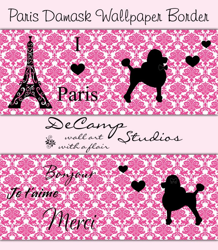 PARIS WALLPAPER BORDER Pink Damask Wall Decals by decampstudios