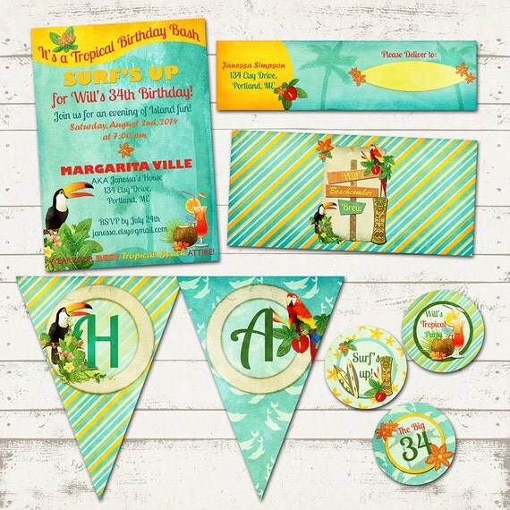 Tropical Island Birthday Party Suite-Retro Beach, Hawaiian, Island themes-Exotic Birds and Margaritas - Great for Adults and Kids, CUSTOM Il_570xn