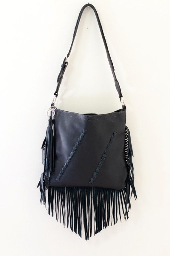 Black Leather Fringe Purse Shoulder Bag Cross Body Black