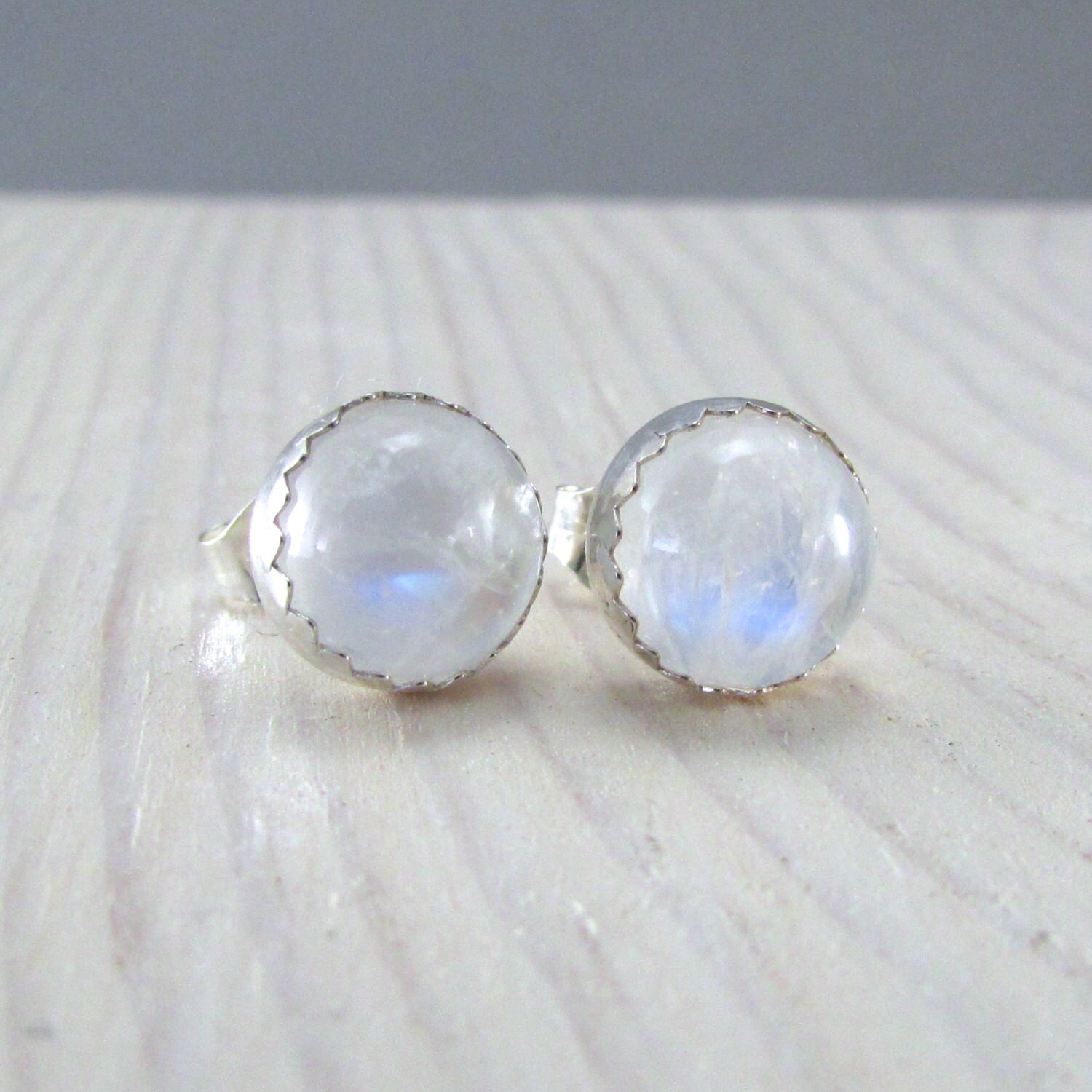 Rainbow moonstone stud earrings sterling silver 8mm gemstone