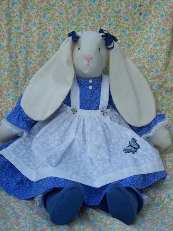 Bunny rabbit in blue. Hand sewn stuffed bunny rabbit little