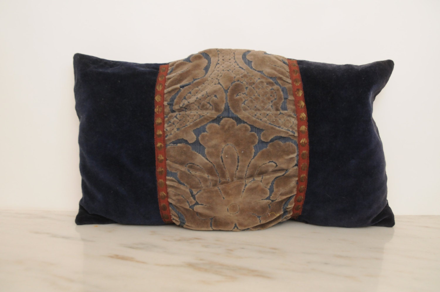 Antique Victorian Velvet Throw Pillow Handmade Royal Blue Gold
