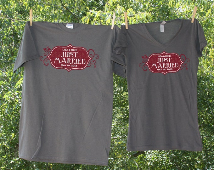 Wine Label Inspired Just Married with Date Matching Shirts // two shirts