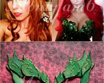 Poison Ivy Mask Leaves GREEN w/ Glitter Trim Leaf Costume Uma Thurman Kim K Fairy Elf Mother Earth Cosplay Comic Con