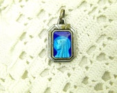 Small Vintage French Silver Plated Brass Religious Medal of the Virgin Mary with Blue Enamel / Christian Jewelry / Catholic Adornament