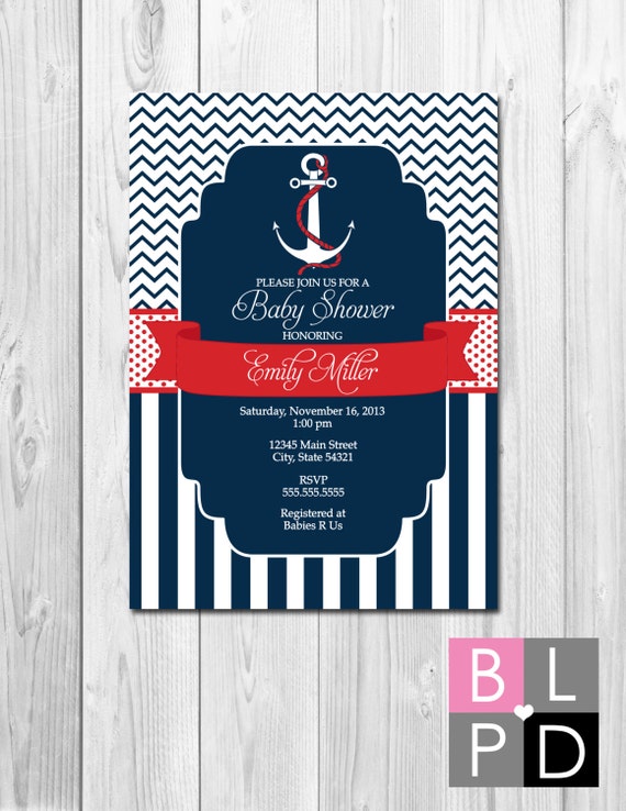 Nautical Baby Shower Invitation - Ahoy Its A Boy - Navy Fill and Red - Chevron Stripes and Stripes - DIY - Printable Il_570xn