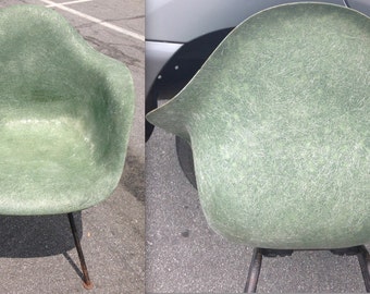 EAMES SEAFOAM GREEN Dark Olive Vintage Herman Miller Fiberglass Armshell Chair Original Rare Color Logo Embossed Alexander Girard era