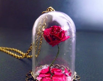 Beauty and the beast rose, rose vial necklace, snowglobe necklace, fantasy jewelry, Valentines day, fairy tale jewelry, victorian necklace