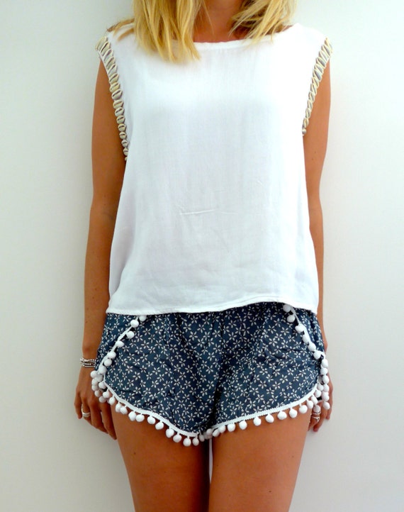 pom large white trim pom Navy Daisy Pom Pom White  & Print White Shorts with  Trim Pom Pom