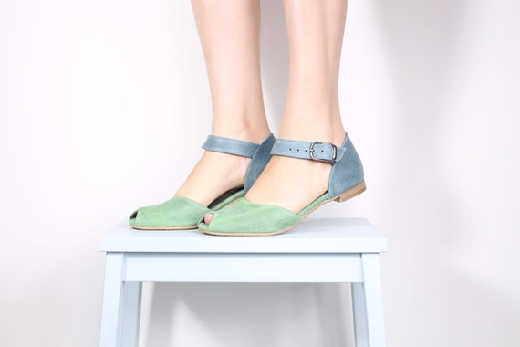 ON SALE 10 % Peep toe leather sandals , handmade leather sandals , blue and green sandals ADIKILAV