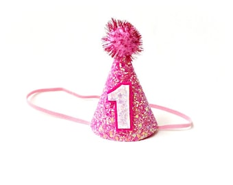 Ready to Ship First Birthday Pink Party Hat Cone Hat Glitter Fabric