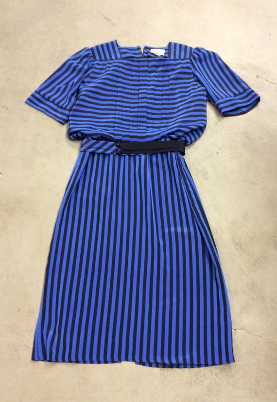 KATIE MFG 80's Royal Blue and Black Striped Dress Pleated