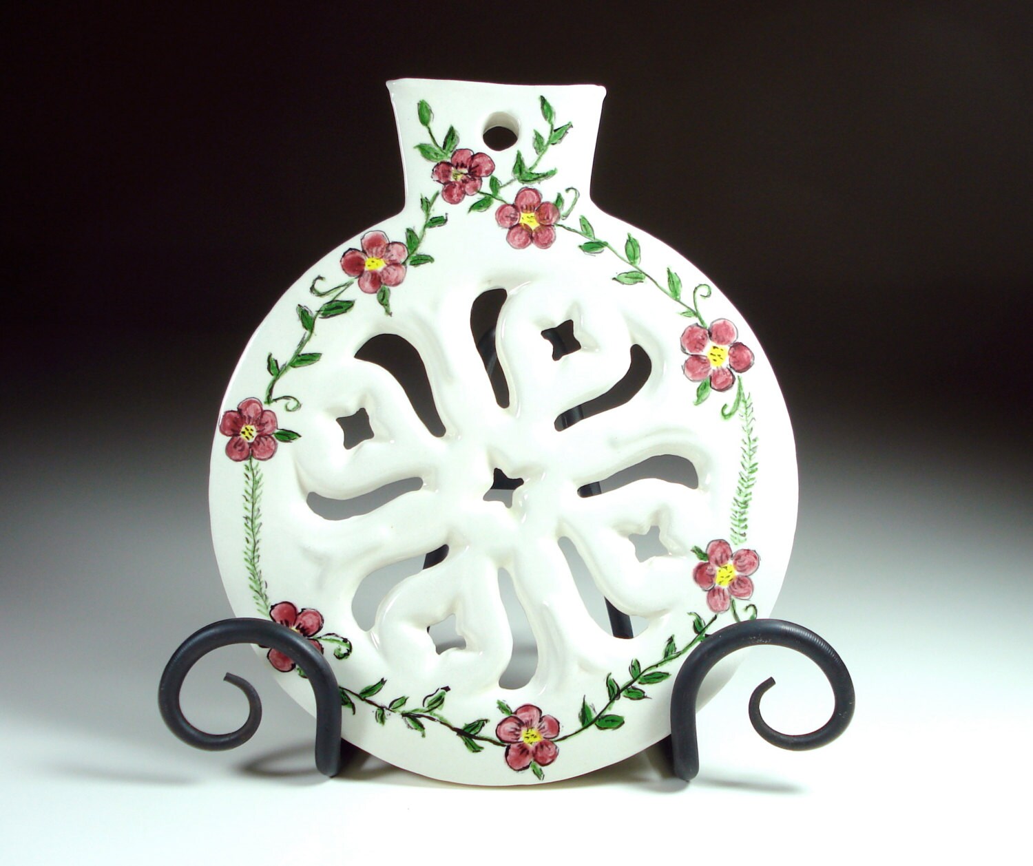 Vintage Round Ceramic Trivet Signed, Handmade & HandPainted with