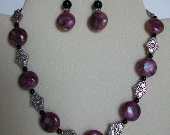 Short Raspberry, Black and Silver Necklace and Earrings