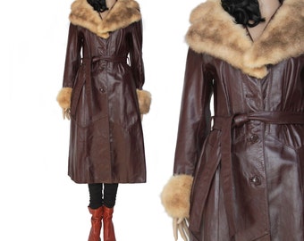 1970's Genuine Leather Coat Fur Collar Long Belted Fall Winter ...