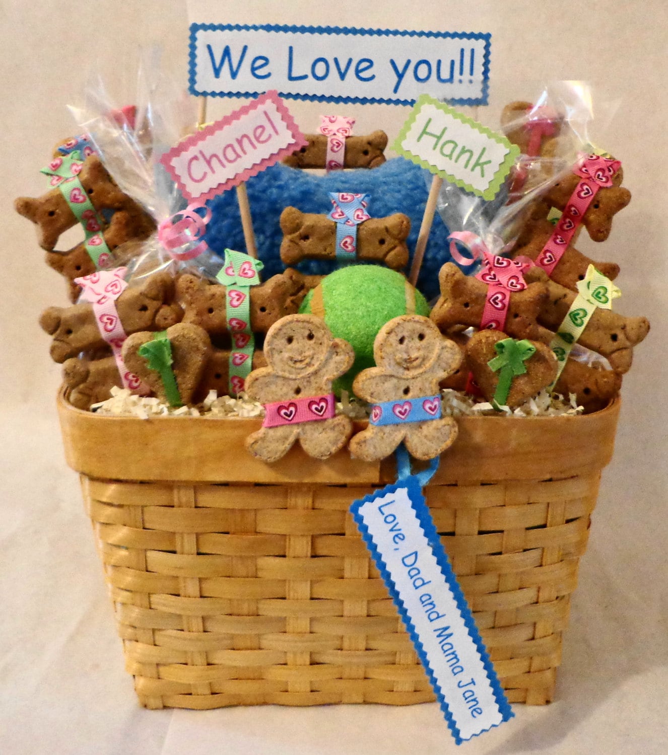 Dog biscuit treat dog gift basket with squeak by TreatWorthyPet