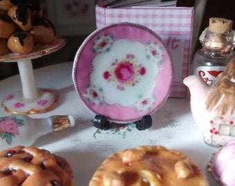 Dolls House miniature Shabby Chic pink with roses Ceramic Plate