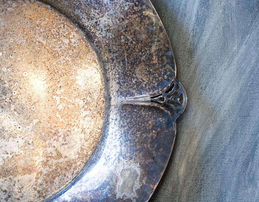 Vintage Silver Platter, Silver Plated Serving Platter, Rustic Patina