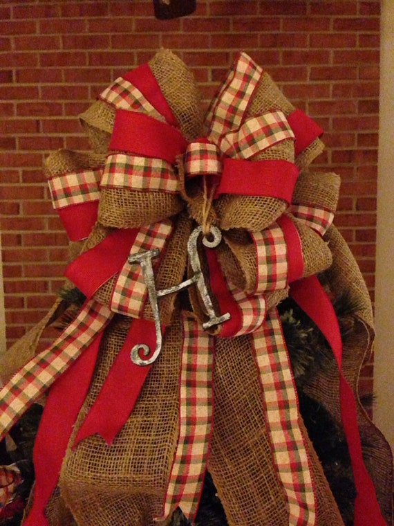 Personalized Burlap, Red, and Plaid Ribbon Bow Topper