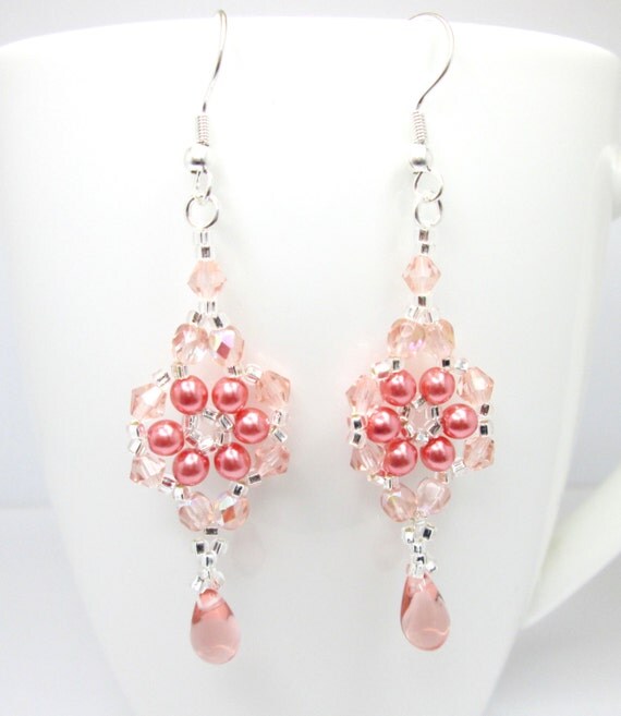 Peach floral earrings peach and silver peach earrings peach