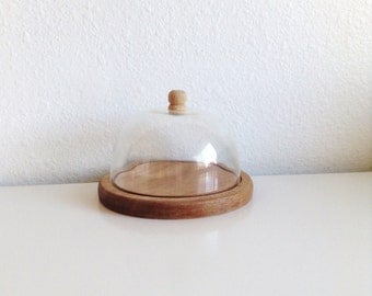Vintage Plastic Cloche Dome & Wood Base, Made In Japan