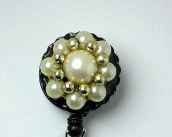 Unique One of a Kind Repurposed Pearl Necklace and Gold Beads, Made into a Retractable Name Badge Holder. Will be an Ideal Gift.