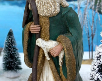Christmas Decoration. Highland Shepherd or Father Frost Figurine Holding Lamb. Folk Style Holiday Home Decor. Shepherd Sculpture.