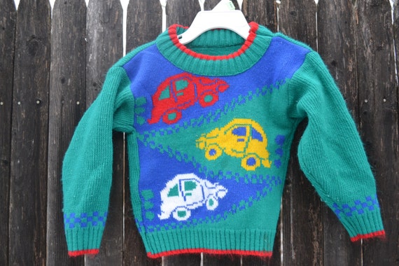 80s cars knit sweater 12M baby kids red blue green by BlancoBros