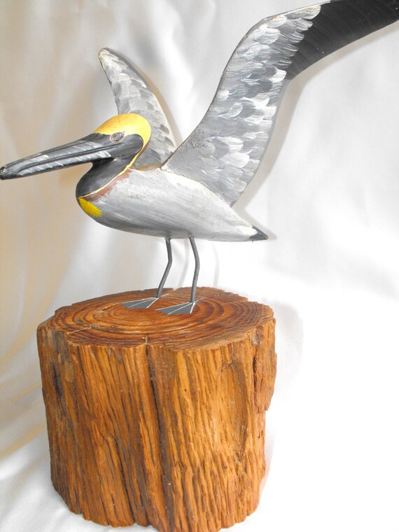 Wood Pelican Hand Carved Painted Sculpture Indoor Outdoor
