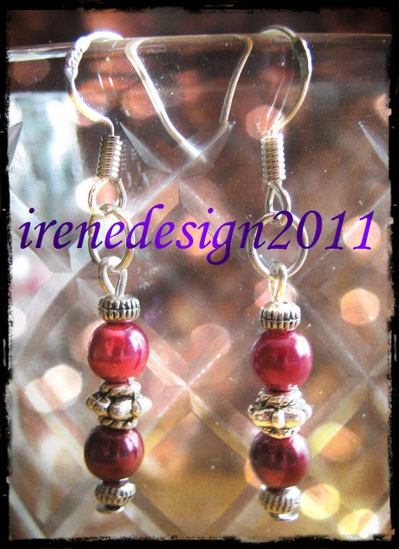 Handmade Silver Hook Earrings with Dark Red Pearls by IreneDesign2011