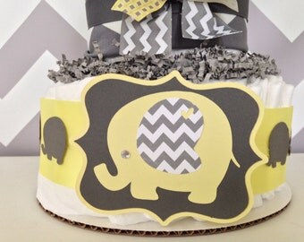 Chevron Elephant Diaper Cake Yellow, Yellow and Gray Baby Shower Centerpiece