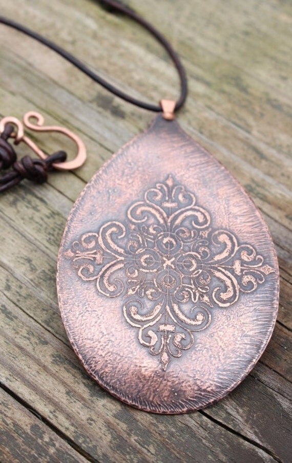 Etched copper pendant & leather necklace unique handmade
