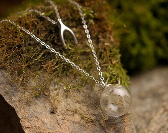 Good luck necklace, fortune necklace, dandelion necklace, make a wish, lucky charm, silver plated necklace, double necklace, dandelion seeds