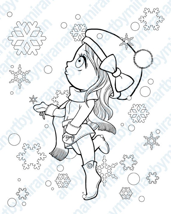 Christmas Digital Stamp, Winter Coloring page, snowflake and girl illustration, Xmas digi stamp 