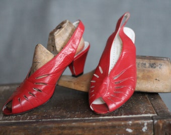 1980s Tomato Red Cut Out Peep Toe Sling Back Heels