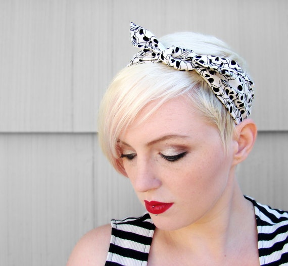 Skull Rockabilly Headband Halloween Retro Pin Up Hair Scarf Black and White Knotted Headband