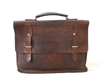 Lovely French vintage Brown Leather School bag. 1950.