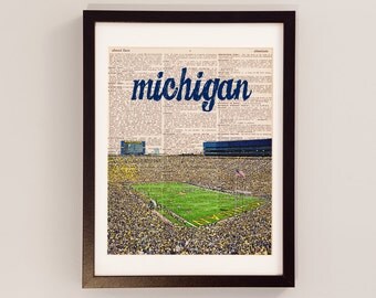 Michigan Wolverines Dictionary Art Print - Michigan Stadium - Print on Vintage Dictionary Paper - Football Art, University of Michigan