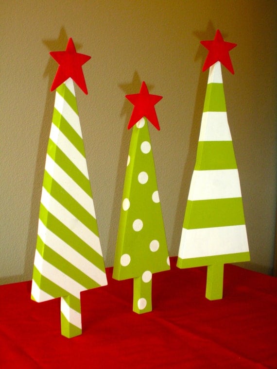 Items similar to Three Painted Wooden Christmas Trees on Etsy