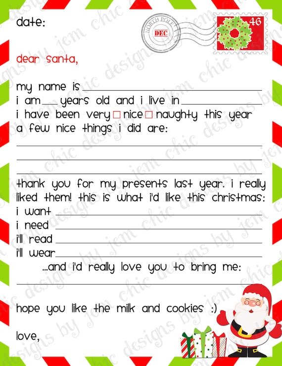 Kids Christmas Wishlist Printable Dear Santa by ChicDesignsByJEM