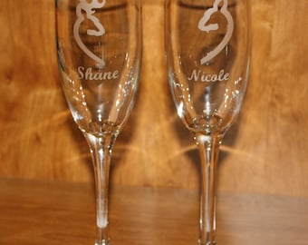 Etched Individual Buck and Doe Wedding Champagne Flutes - Browning