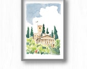 Italian historic architecture Medieval castle Conegliano (Treviso, Italy) green brown blue A5 watercolor PRINT