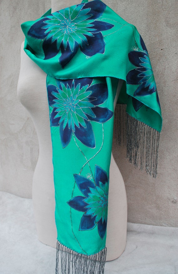 Emerald green silk scarf hand painted scarf Green silk