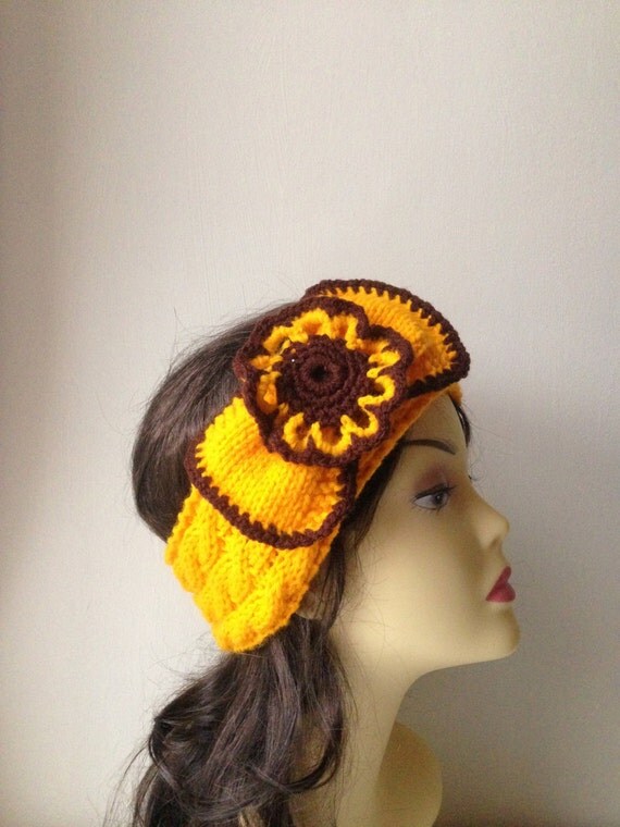 Yellow Brown Hand Knit Headband with detachable flower brooch, Hair Accessories, yellow brown knitted headband with flower for women, girls